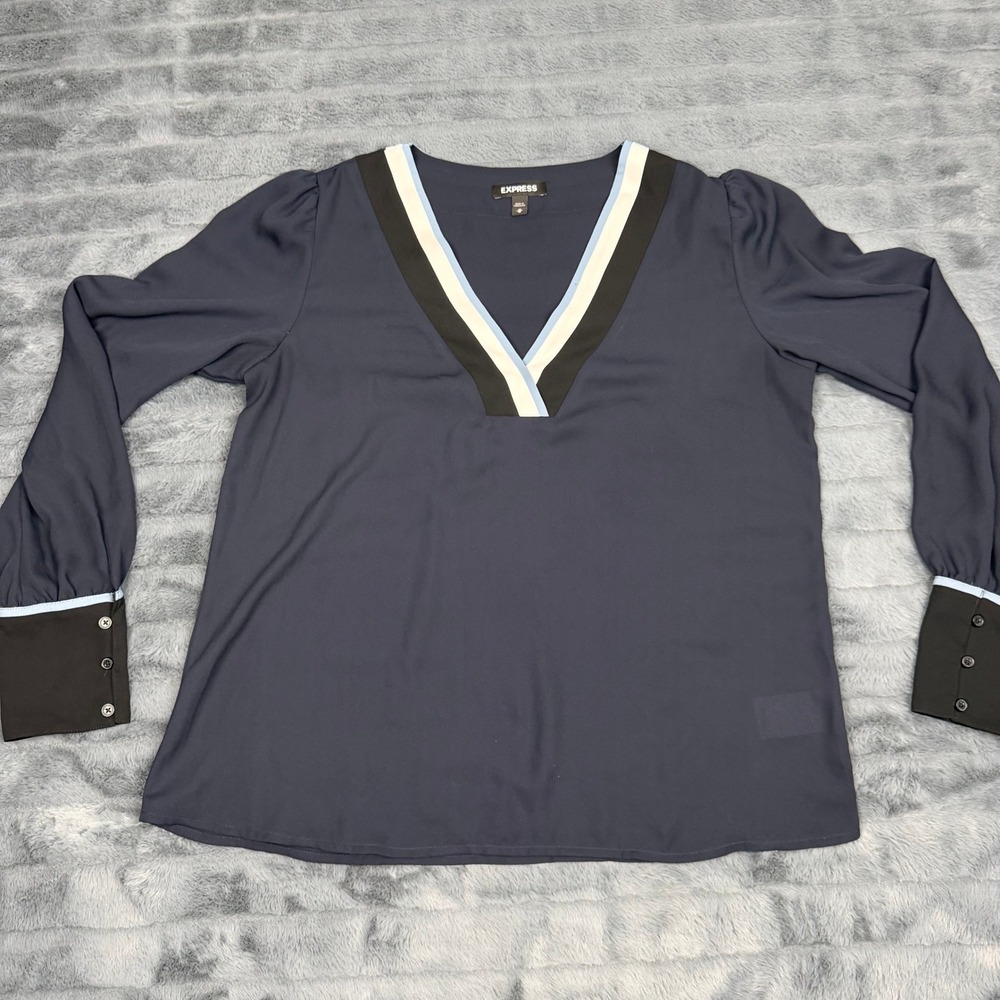Express Womens Navy Blue V-Neck Long Sleeve Blouse Striped Trim Size Medium